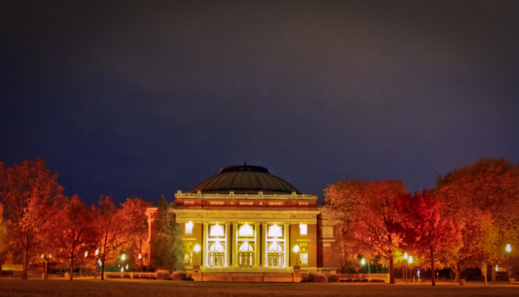 Foellinger Auditorium in the Fall at night